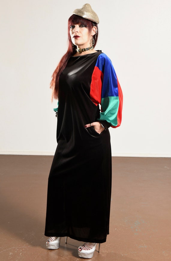 80s Black Velvet Colorblock Dress, Long Winter Ma… - image 6