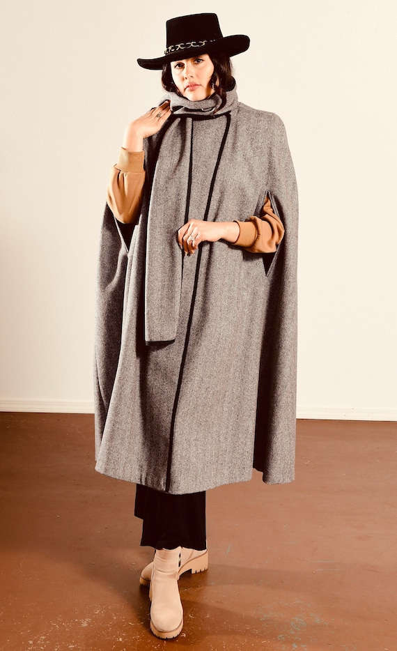 80's Herringbone Cape, Long Wool Gray Cloak, Alorn