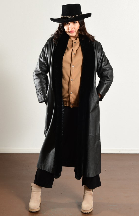 80s Long Black Leather Duster Coat with Faux Fur … - image 2