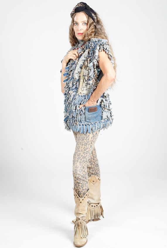 Denim Rag Vest/ Denim Fringe Vest/ Leopard Print … - image 4