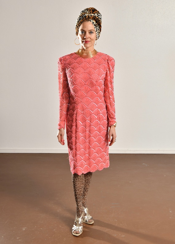 Vintage Pink Silk Beaded Dress/ Nite Line 80's Pi… - image 2
