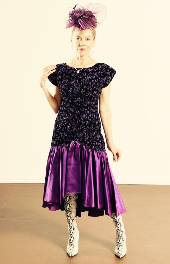 80's Drop Waist Velvet Party Dress, 80's Purple P… - image 1