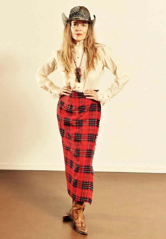 Tartan Fringe Skirt by Rafaella/ Wool Plaid Skirt/
