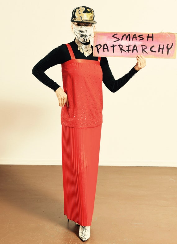 Jackie Taub/ Red Sequin Dress/ Red Pleated Dress/