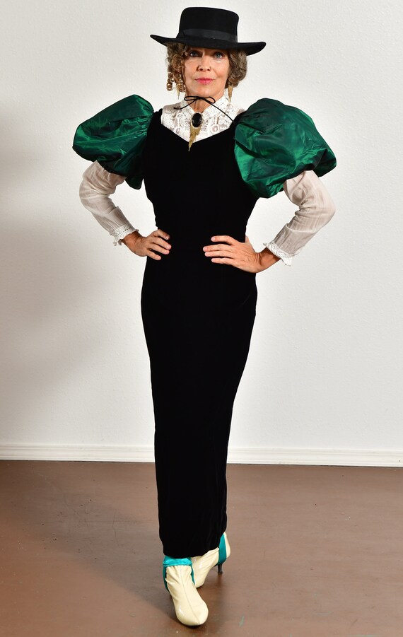 Velvet Dress/ Black Velvet Dress/ Big Puff Sleeve… - image 3