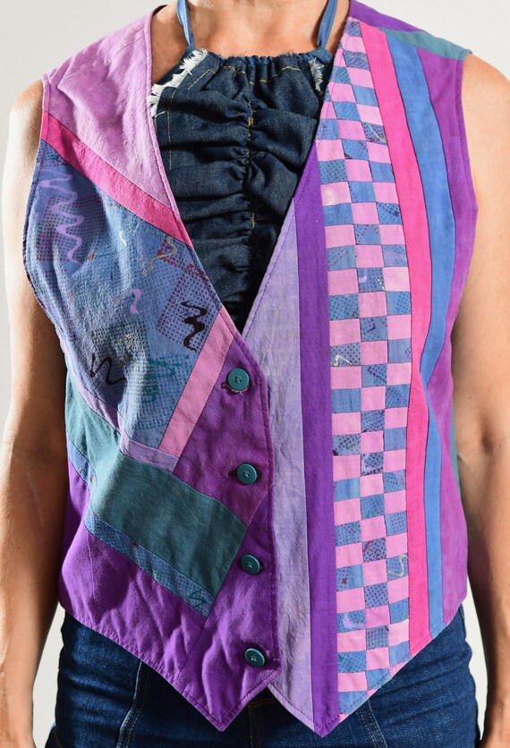 80's Cotton Patchwork Vest/ Hand Painted Cotton V… - image 7