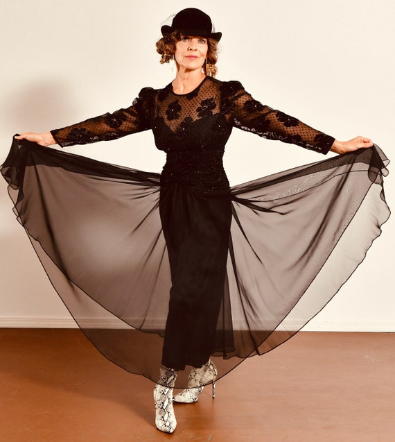 Leslie Fay/ 70's Black Chiffon Dress/ 80's Black C