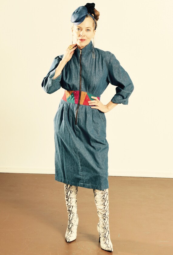 Megan Moore Denim Dress/ 80's Denim Dress/ Faux Su