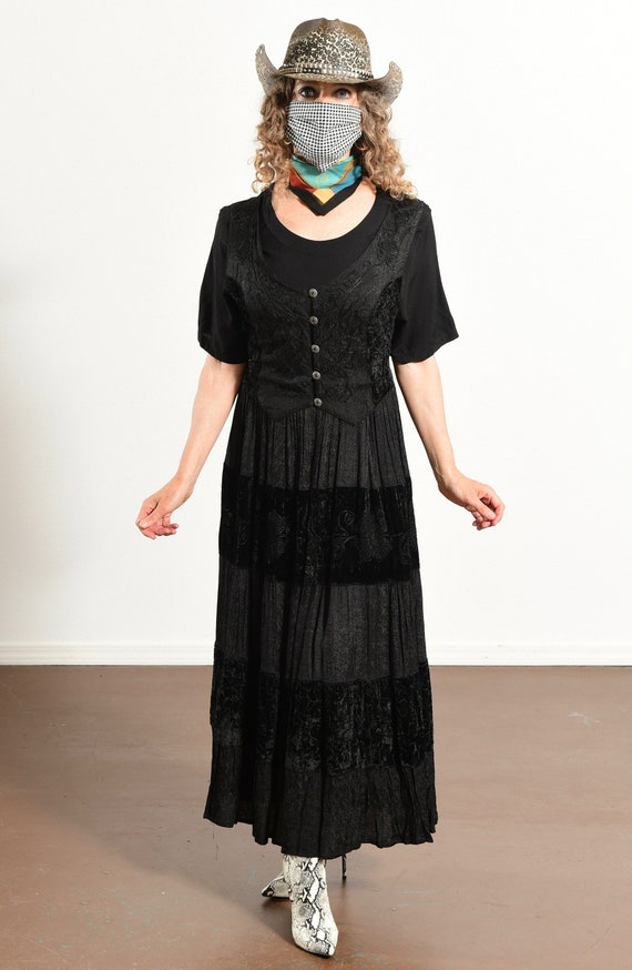 90's Black Velvet Dress, Hippie Prairie Boho Maxi… - image 2