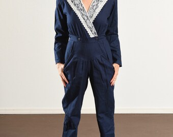 80s Jumpsuit, Lace Collar, Navy Blue, Straight Leg Pants