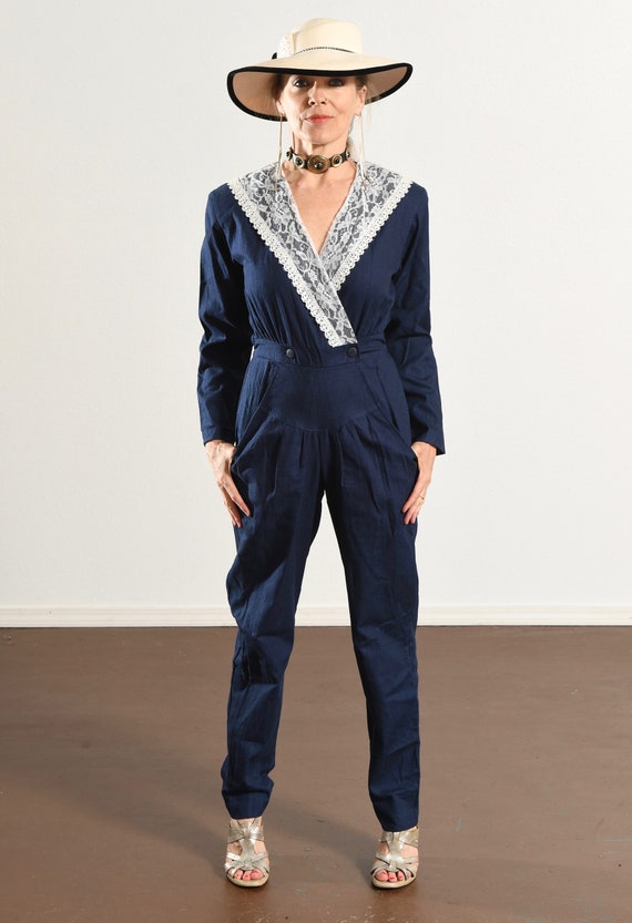 BetterCallSri 80s Jumpsuit, Lace Collar, Navy Blue, Straight Leg Pants, Pockets, Size Small, Avon Fashions BetterCallSri 80s Jumpsuit, Lace Collar, Navy Blue, Straight Leg Pants, Pockets, Size Small, Avon Fashions