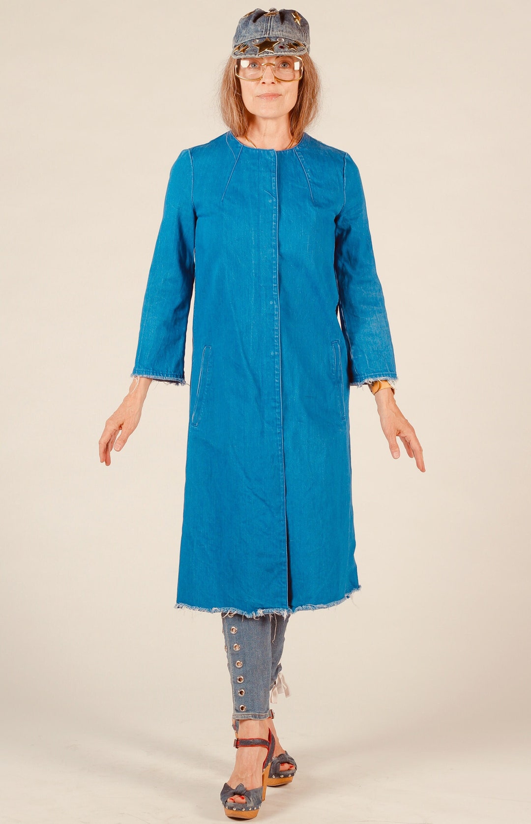 Long Jean Jacket Frayed Edge Denim Duster 60s Style Opera Etsy