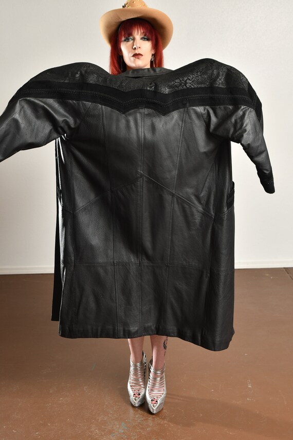 Vintage Black Leather Full Length Coat/ 80's Blac… - image 10