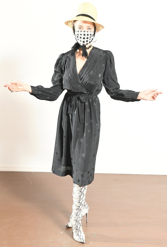 Black Pleated Midi Dress, 70's Secretary Dress, P… - image 2