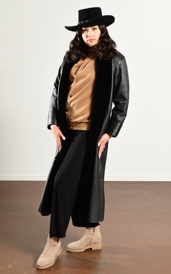 80s Long Black Leather Duster Coat with Faux Fur … - image 5