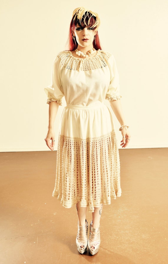 Vintage Crocheted Skirt Set/ 70's Crocheted Peasan