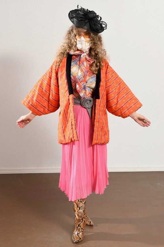 Japanese Quilted Kimono, Orange Padded Jacket, Wi… - image 7