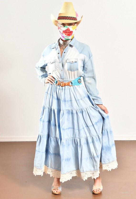 Denim Prairie Skirt/ Denim Peasant Skirt/ Tie Dye… - image 2