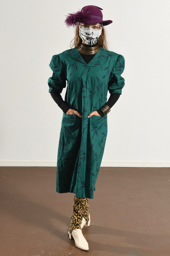 80's Cotton Dress/ Forrest Green Cotton Dress/ Pu… - image 2