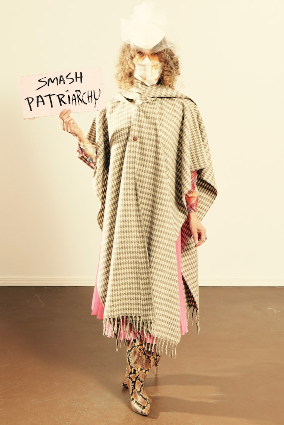 Houndstooth Wool Cape/ Houndstooth Cape/ Wool Frin