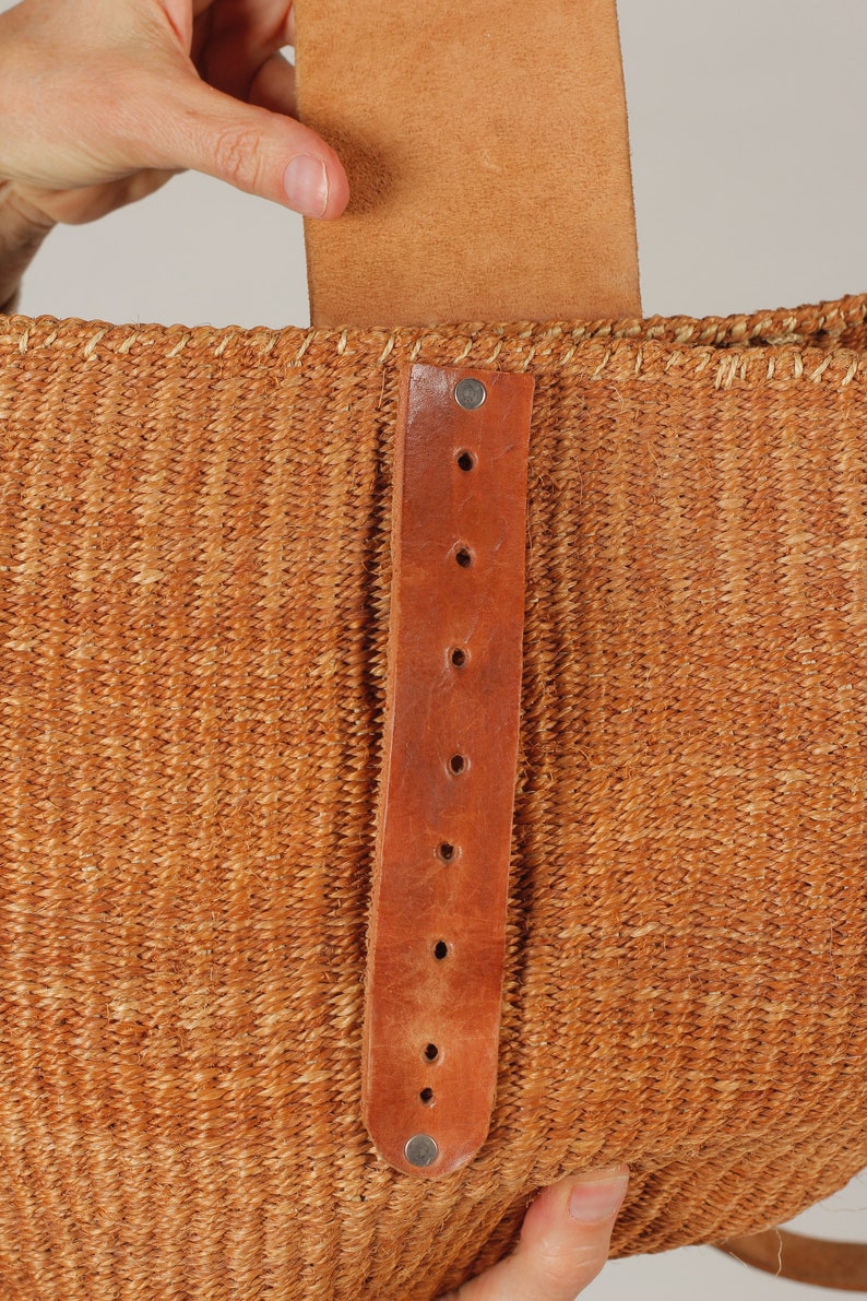 80's Sisal Purse/ Southwest Woven bag, Long Leather Strap, Leather Fringe, Brass Buckle image 8