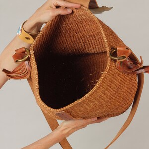 80's Sisal Purse/ Southwest Woven bag, Long Leather Strap, Leather Fringe, Brass Buckle image 9