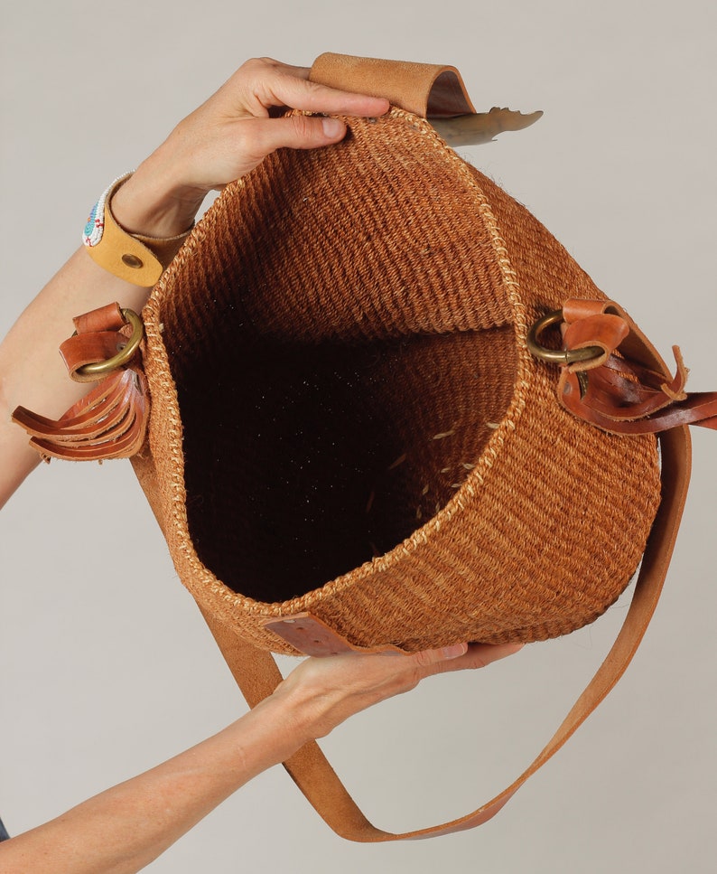 80's Sisal Purse/ Southwest Woven bag, Long Leather Strap, Leather Fringe, Brass Buckle image 9