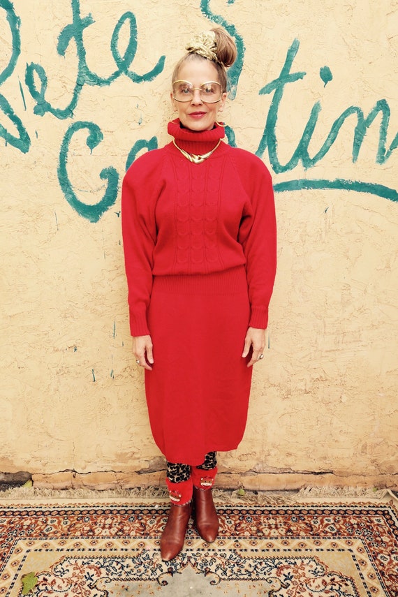 red turtleneck sweater dress