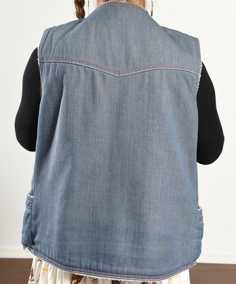 70's Denim Faux Shearling Vest, Vintage Jean Vest Lined Faux Fur/ Size S-M image 8