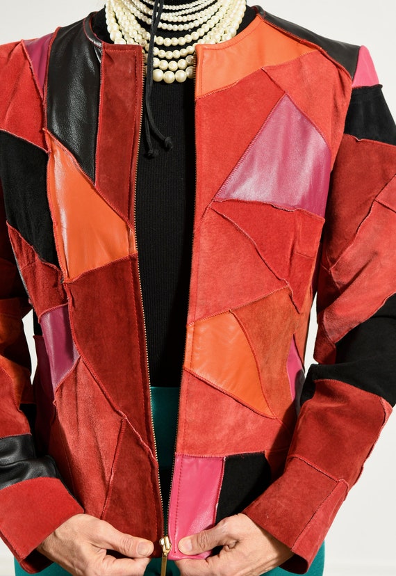 Patchwork Leather Jacket, 90's Red Cropped Jacket… - image 8