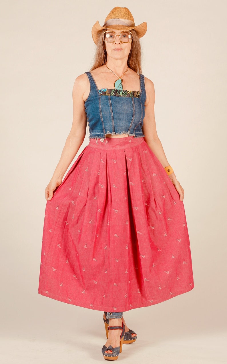 80's Preppy Pink Skirt, Long Prairie Skirt, Full Pleated Midi, Levi Strauss Skirt, Perry Ellis image 1