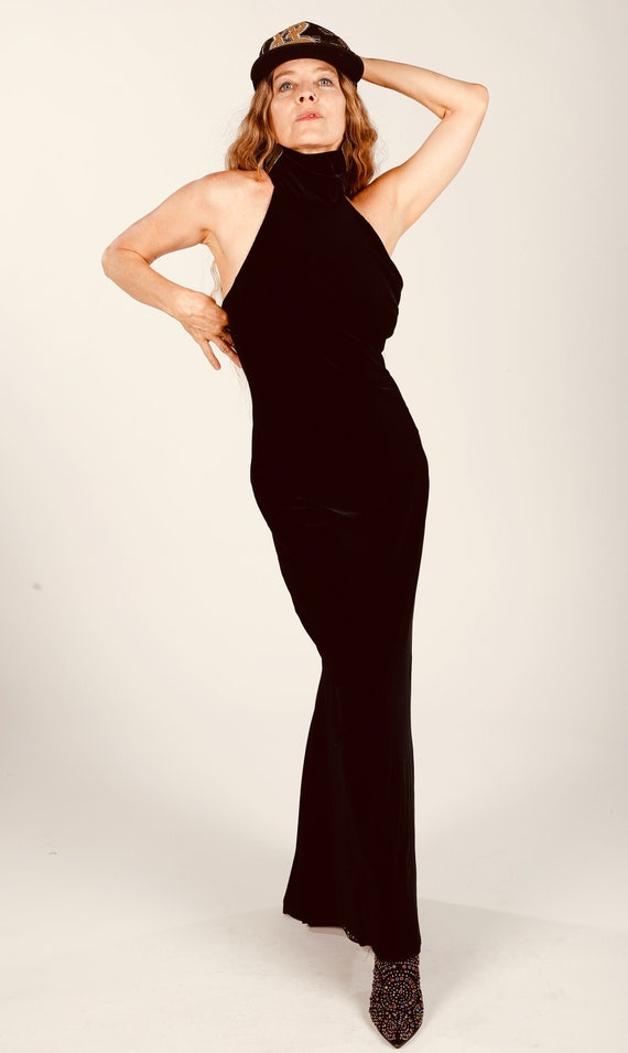 Black Velvet Halter Dress/ Black Velour Halter Dre