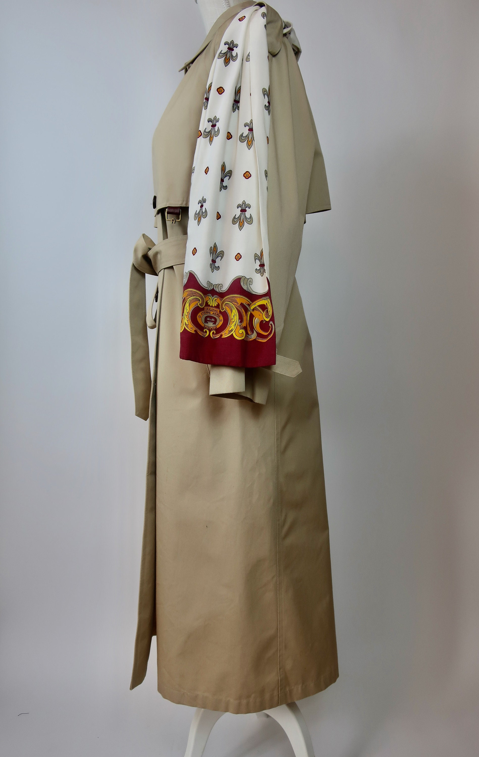 Classic 70's Trench Coat With Attached Scarf, Double Classic 70's Trench Coat With Attached Scarf, Double