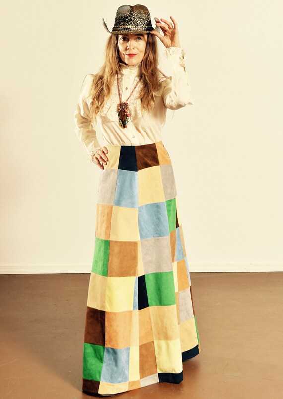 70's Patchwork Skirt/ 70's Faux Suede Skirt/ Vinta