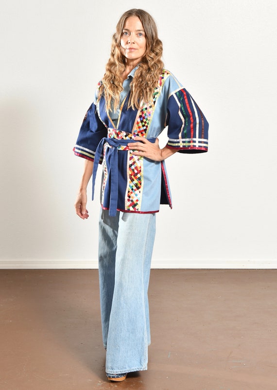 Denim Kimono, Braided Ribbon Jacket, Lattice Ribb… - image 10