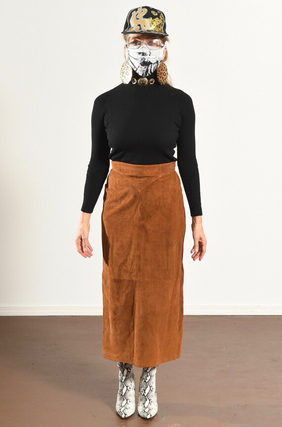 Brown Suede Pencil Skirt, Long, Highwaist, 80's C… - image 7