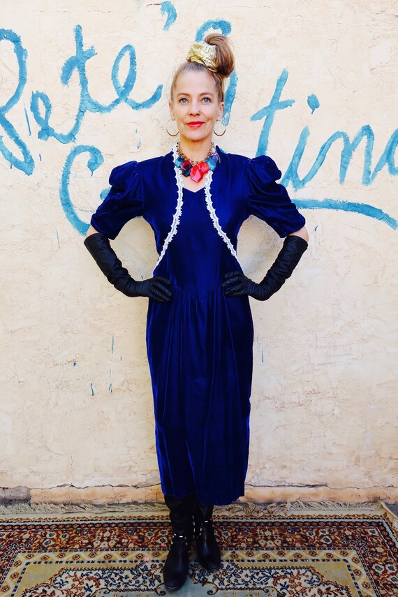 Gunne Sax Blue Velvet Dress, 80s Jessica McClintoc