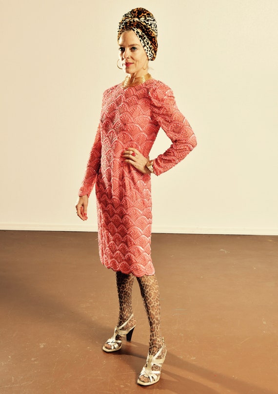Vintage Pink Silk Beaded Dress/ Nite Line 80's Pin