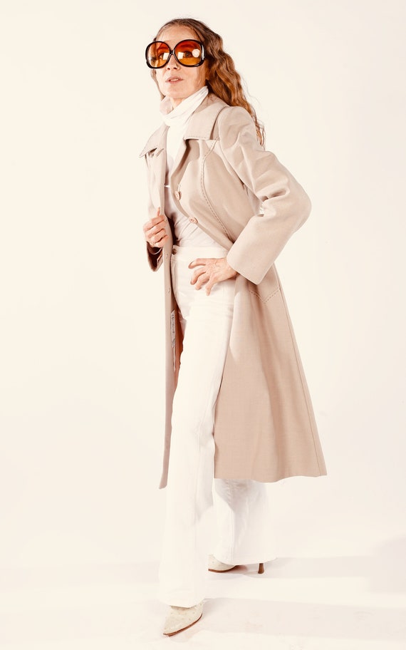 70s Beige Trench, 60s Tan Overcoat, Satin Lining, 