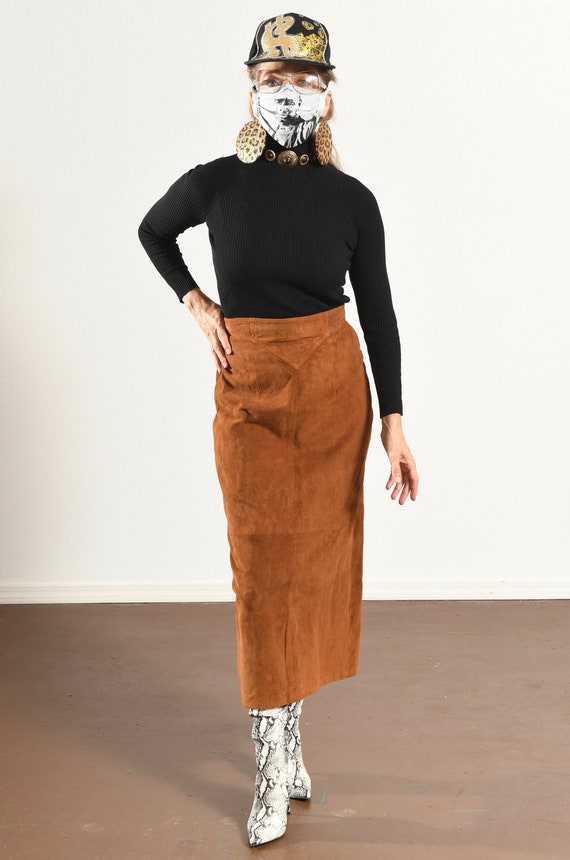 Brown Suede Pencil Skirt, Long, Highwaist, 80's C… - image 3