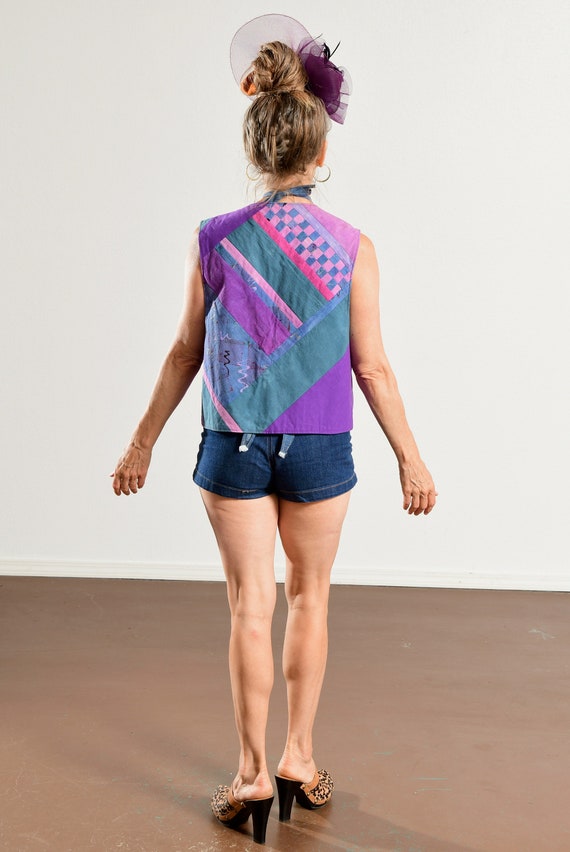 80's Cotton Patchwork Vest/ Hand Painted Cotton V… - image 4