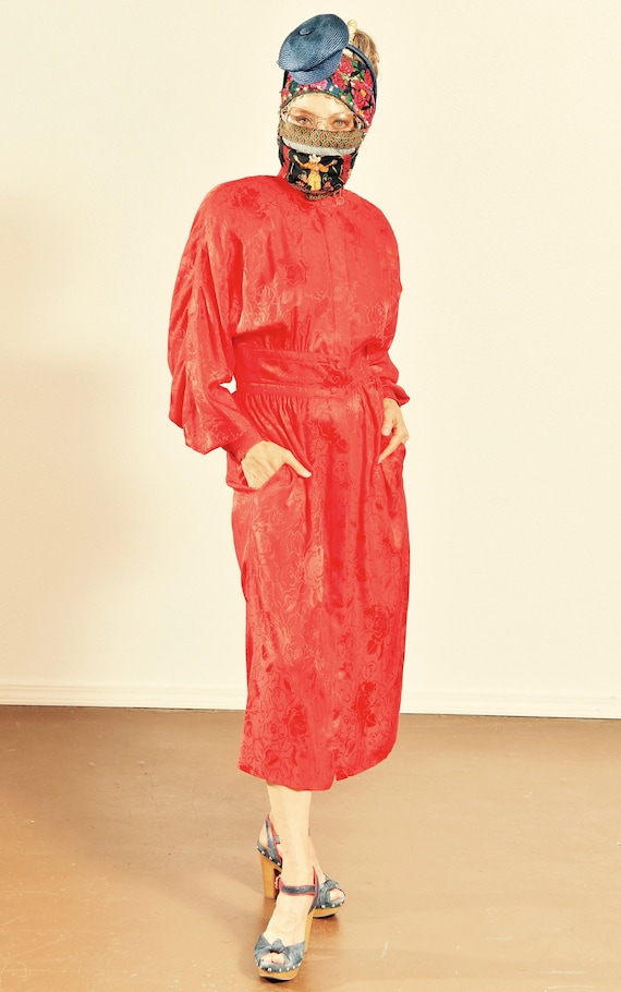 Adele Simpson/ Vintage Red Silk Dress/ 80's Silk D