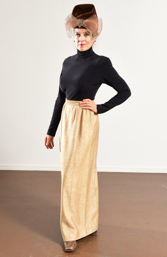 60s Long Gold Skirt, 70s Maxi, Matallic Sparkle F… - image 5