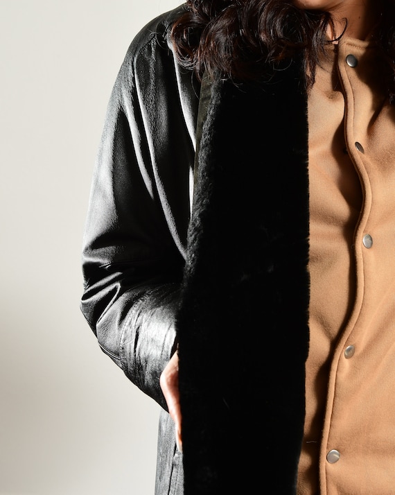 80s Long Black Leather Duster Coat with Faux Fur … - image 6