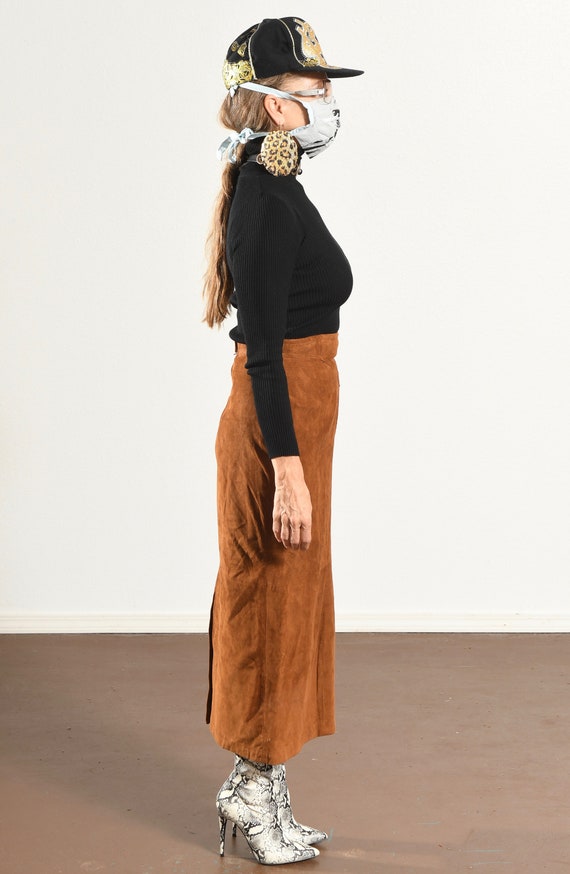 Brown Suede Pencil Skirt, Long, Highwaist, 80's C… - image 4