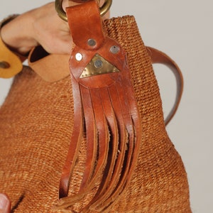80's Sisal Purse/ Southwest Woven bag, Long Leather Strap, Leather Fringe, Brass Buckle image 6
