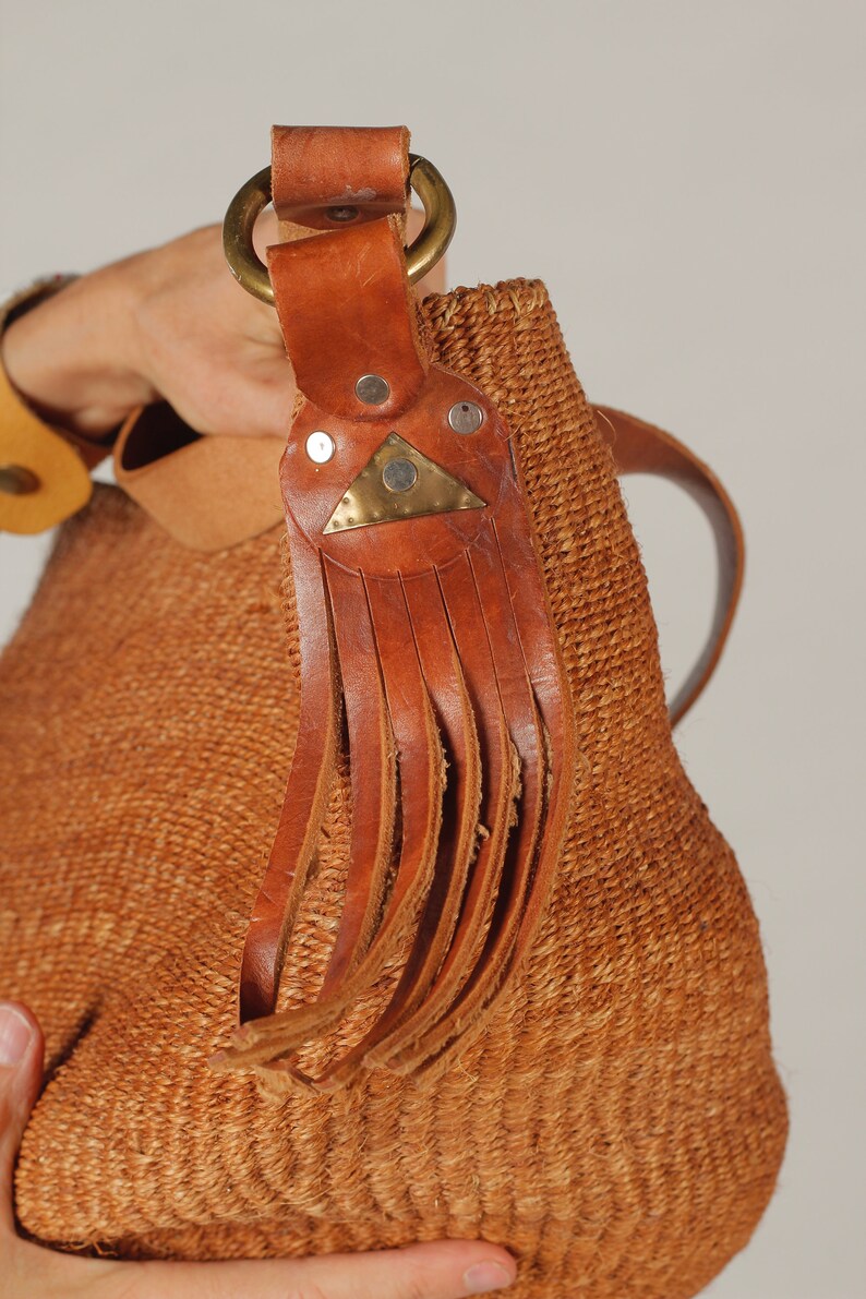 80's Sisal Purse/ Southwest Woven bag, Long Leather Strap, Leather Fringe, Brass Buckle image 6