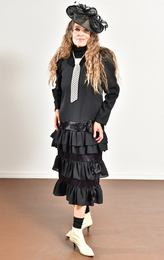 80's Black Ruffle Dress/ Black Bow Dress/ 80's Bo… - image 2