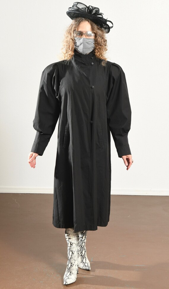 80's Black Trench Coat, Big Shoulder, Puff Sleeve… - image 3