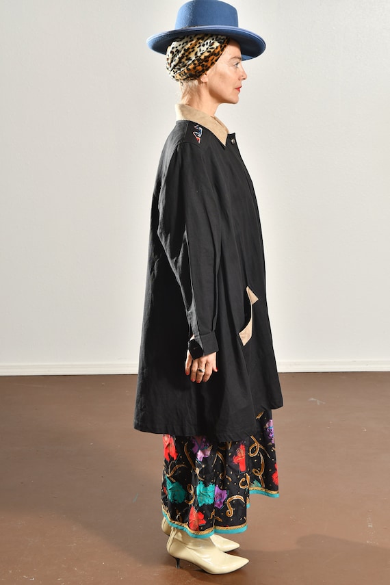 Southwestern Swing Coat, Black Linen 80's Overcoa… - image 3